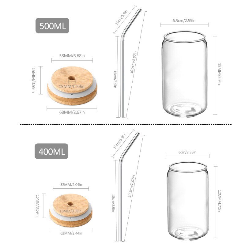 Transparent Can shape Glass Cups with Bamboo lid and straw Ice Coffee cup Glass tumblers High boron Beer Can glass Drinkware