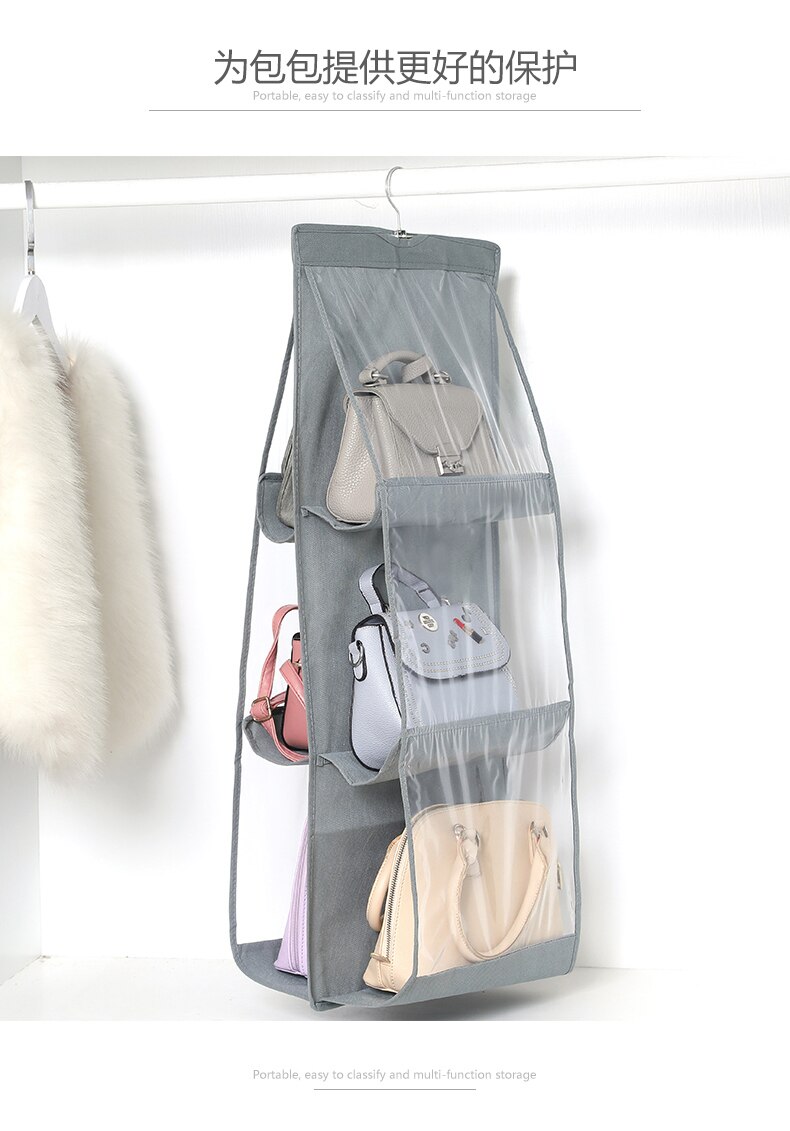 6 lommes sammenklappelig hængende håndtaske pung opbevaring stor klar holder anti-støv arrangør rack krog bøjle rack taske: Grå
