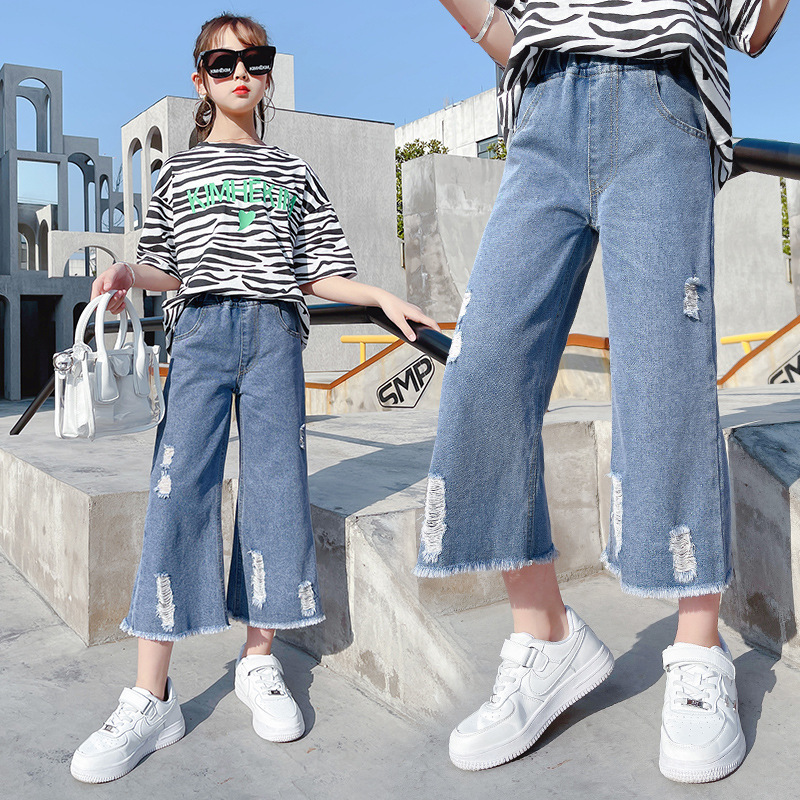 Pantalones vaqueros con agujeros rotos para niñas, Jeans finos de pierna ancha para niños, ropa para niñas de 4, 6, 8, 10 y 12 años, novedad de 2022