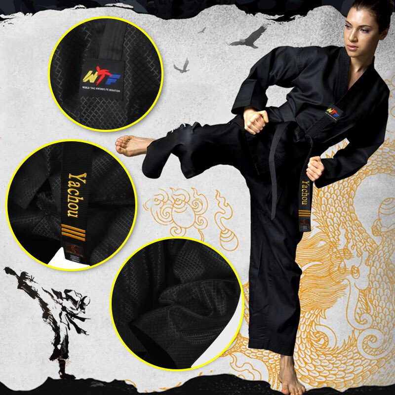 Gingpai Zwart Volwassen Universele Kid Kitaekwondo Karate Uniform Training Prestaties Dobok Tkd Kleding Jas Taekwondo Riem Pak Set