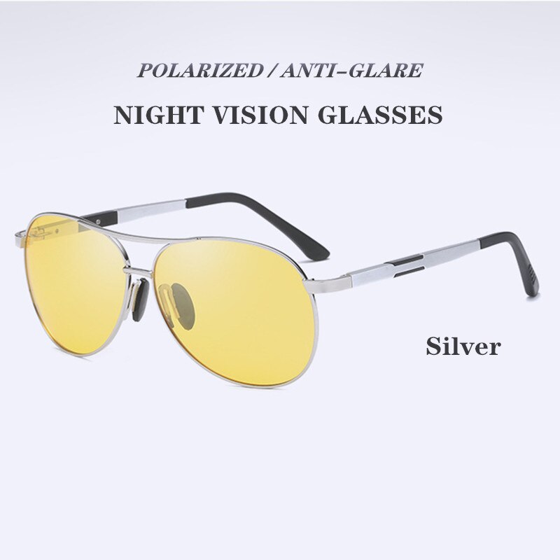Kaixing aluminium luftfart antirefleks kørsel solbriller mænd kvinder vintage gule nattesyn briller polariseret skygge briller: Sølv