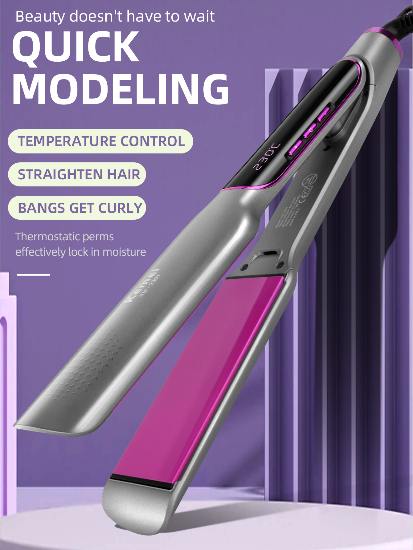 Plancha de pelo KEMEI con pantalla LCD, plancha plana de iones negativos, plancha alisadora de cabello infrarroja, cuidado del cabello para mujer