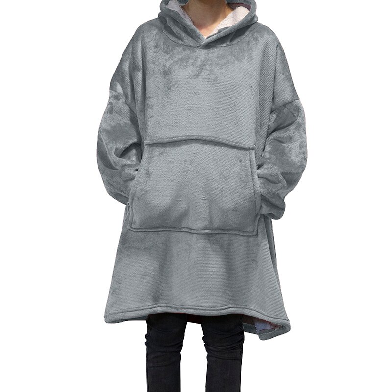 Sudaderas con capucha de lana de gran tamaño para hombre y mujer, manta de televisión con mangas y Bolsillo grande, Sudadera con capucha para exterior grueso de franela, Sudadera de felpa: Grey