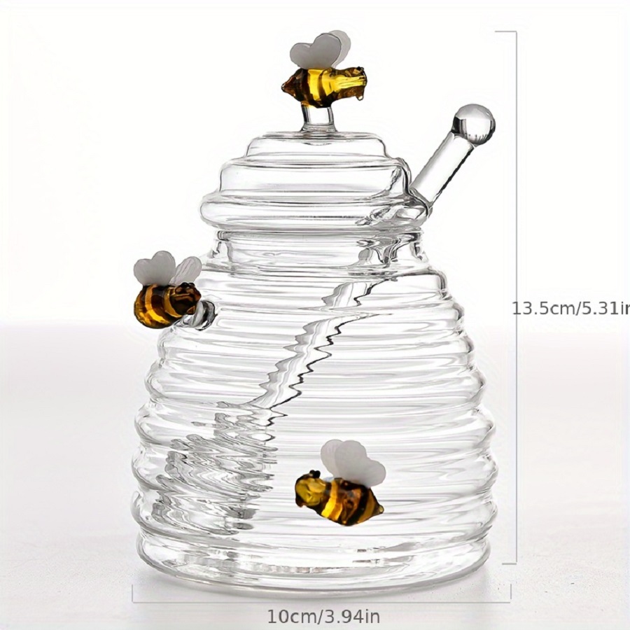 Glass Honey Jar with Dipper & Lid, Cute Bee Decor Honey Pot, 14oz Clear Glass Honey Container for Kitchen