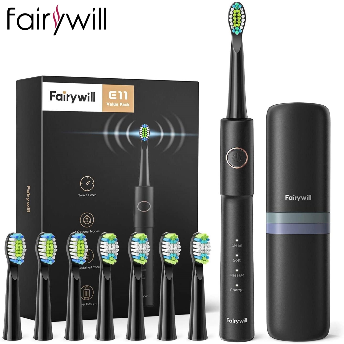 Fairywill-cepillo de dientes eléctrico P11 E11 2056 T9, dispositivo blanqueador Ultra sónico con 5 modos de carga inalámbrica, temporizador inteligente
