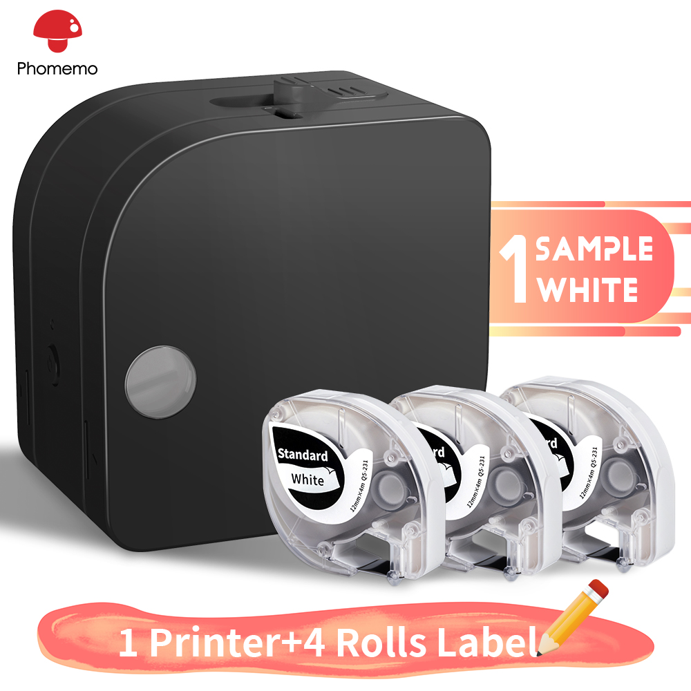Phomemo Printer Transfer Thermal Printing With 4 Rolls White Label Tapes Mini Impresora Label Maker Using Organization: 1Black 4 Rolls White