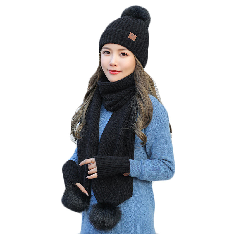 Meisjes warme 3- delige sets wintermutsen sjaal handschoenen voor dames dikke katoenen winteraccessoires set dames muts sjaal handschoenen: Zwart