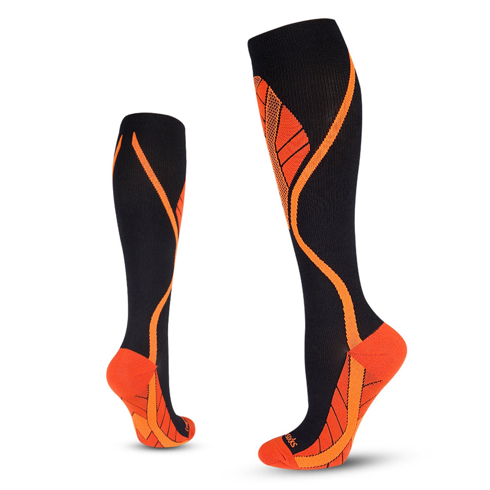 Druck Sport Socken, Atmungsaktiv Streifen Knie Länge Schutz Druck Strümpfe für Männer, Frauen, 4 Farben: Schwarz Orange / L