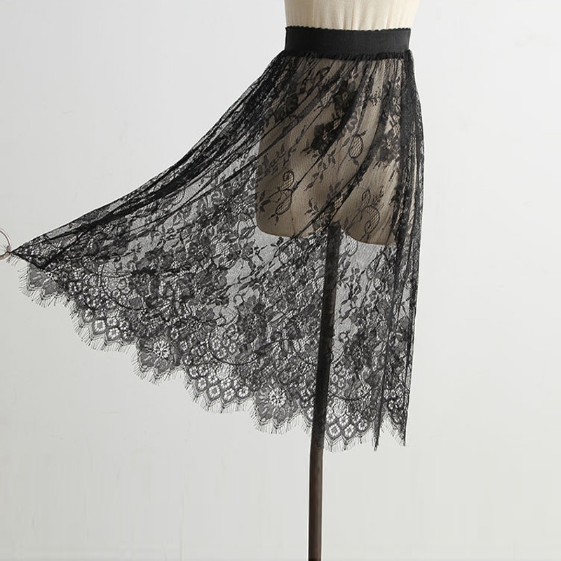 Summer Women Mesh Lace Skirts Women Casual Tulle Skirt High Waist Elastic Transparent Asymmetry black Skirt Overskirt