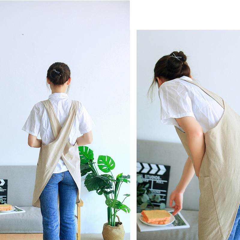 Impermeable de algodón de las mujeres de Cruz delantal japonés tareas del hogar cocina dos bolsillos delantal florista trabajo delantal