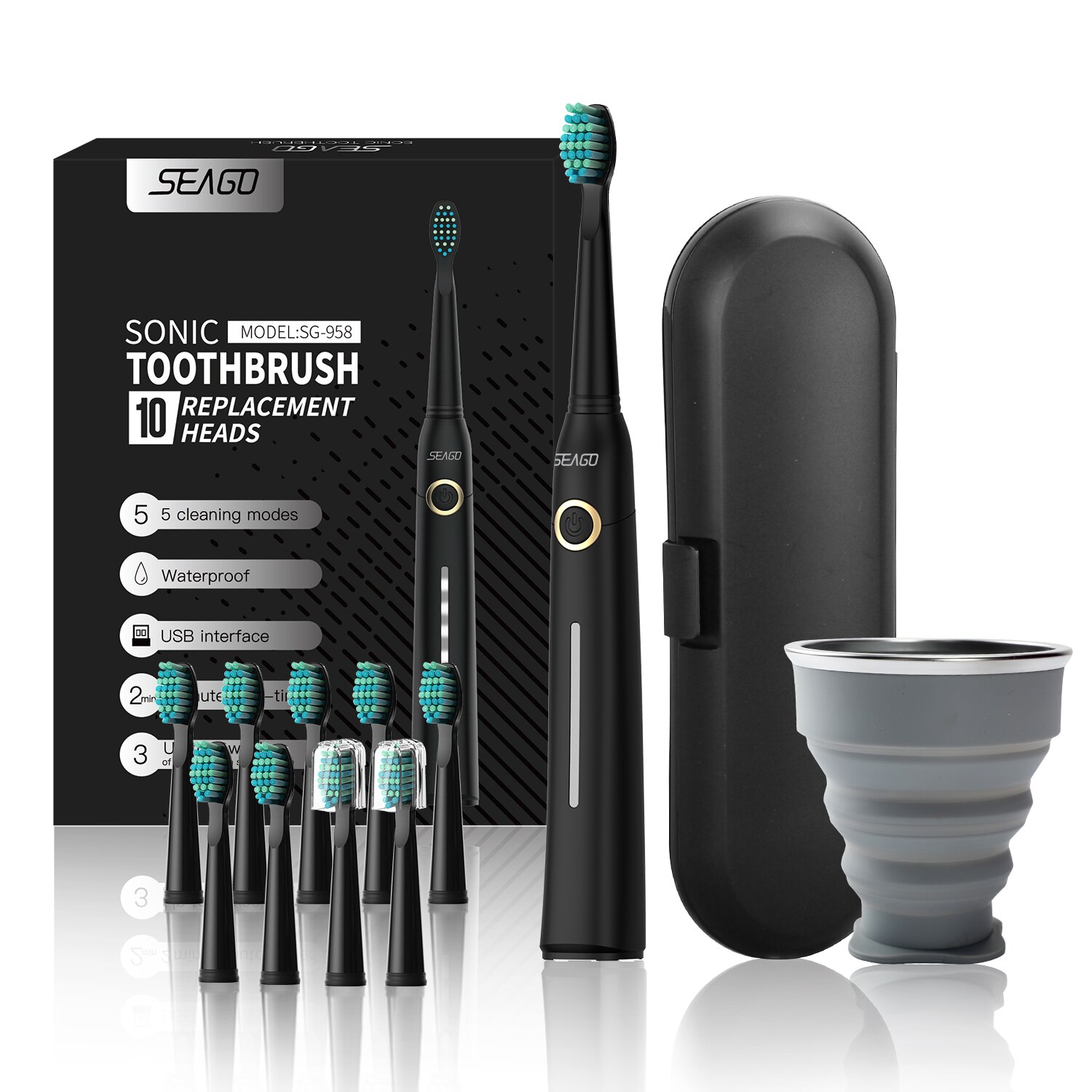 Seago Sonic Electric Toothbrush Tooth brush USB Rechargeable adult Waterproof Ultrasonic automatic 5 Mode with Travel case: black 10head box cup