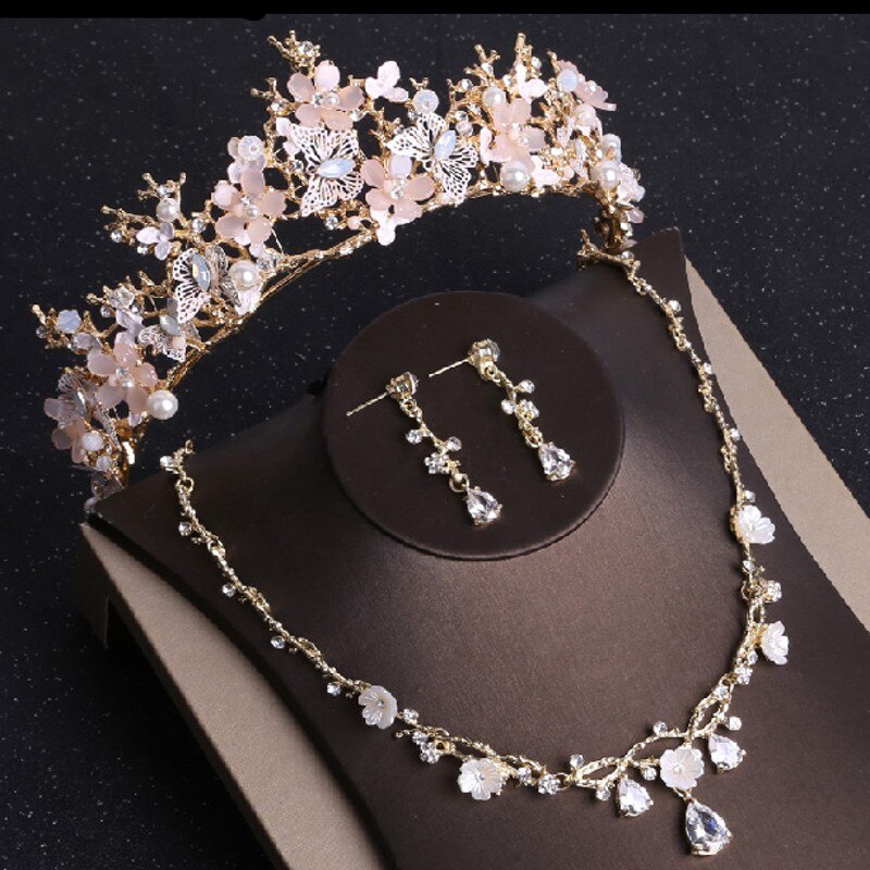 Barroco ouro borboleta cristal traje conjuntos de jóias strass tiara nupcial feminino conjunto de jóias de casamento gargantilha colar brincos