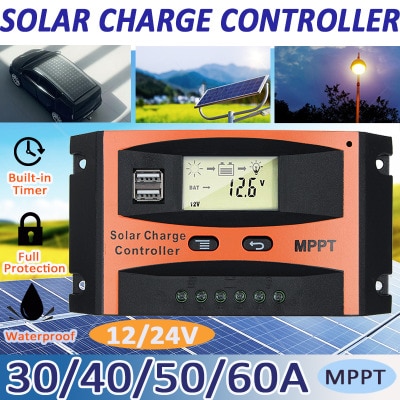 Solar Charge Controller USB LCD Display 12V/24V 30A 40A 50A 60A Auto Solar Cell Panel Charger Regulator Lithium Battery DIY