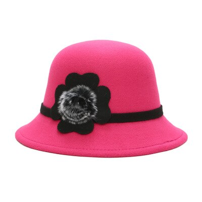 SUOGRY Vintage Stylish Fall Winter Fedoras Hat For Women Hairball Hat For Lady Girls Floppy Cartola Female Felt Bowler Cap: rose Red