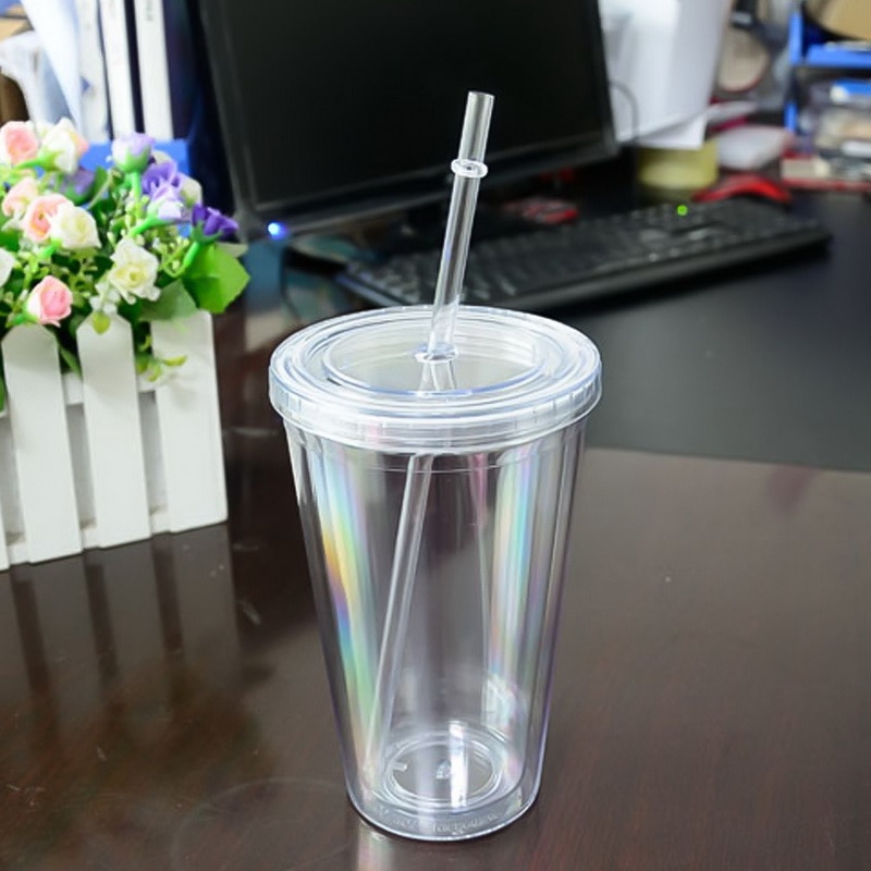 Resmugg med halm återanvändbar smoothie plast iskärl dubbelväggad iskall dryck kaffe juice te kopp
