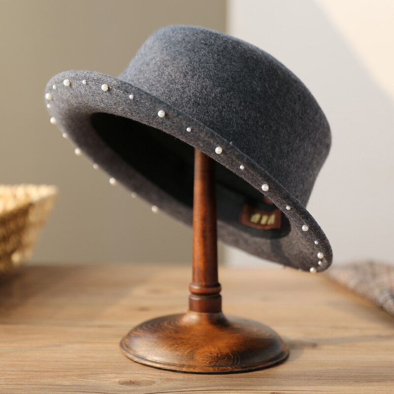 Sedancasesa klassiske bowlerhatte til kvinder australien uldfilthat sejler efterår vinter dame fedora kasket: Bland grå 57cm