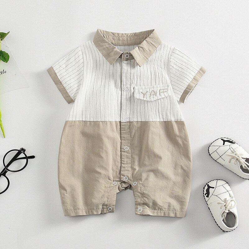 Kinderkleding 21 Zomer Baby Een Stuk Pasgeboren Jongens Dunne Korte Mouw Westerse Stijl Splicing Klimmen Pak: Khaki / 73cm