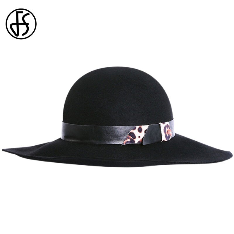 FS Winter Black Hat For Women Big Wool Fedora Hats With Leopard Belt Cloche Felt Wide Brim Bowler Hats Ladies Derby Fedoras