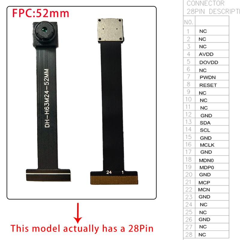 Módulo de câmera H63 80 graus 1MP 1280*720 MIPI SPI DVP 24/28 Pin Interface 1/4 Lente 52MM Comprimento: Preto