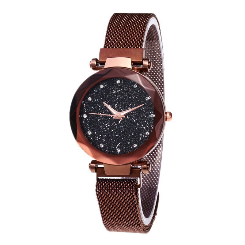 Luxe merk dameshorloge met diamanten wijzerplaat, dameshorloge met magnetische stalen armband en sterren, waterdicht horloge: Bruinb
