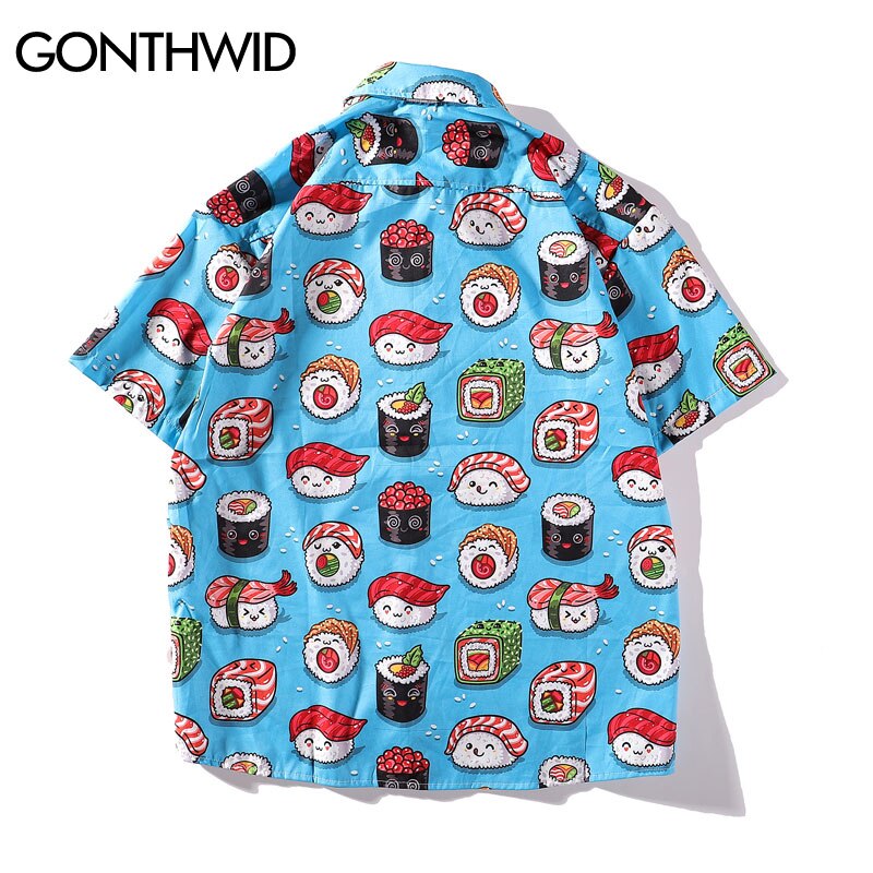 Gonthwide søde sushi print hawaiiansk strandskjorter herre aloha tropisk hawaii skjorte sommer korte ærmer button down skjorter toppe