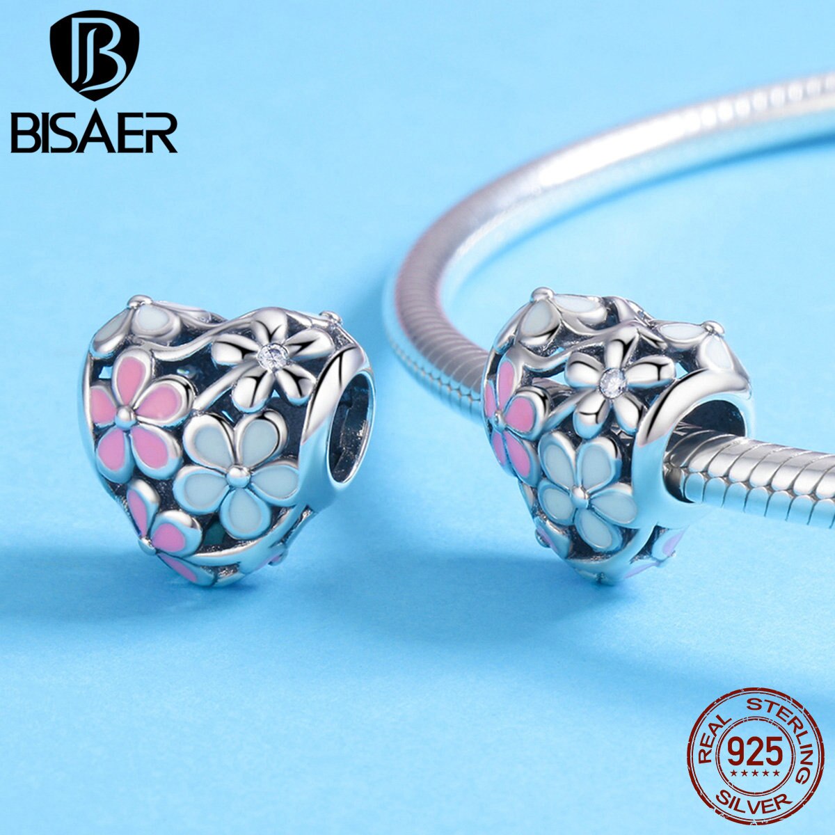 Bisaer 925 prata esterlina rosa esmalte cereja flor branco encantos flor coração contas caber prata 925 jóias fazendo ecc761