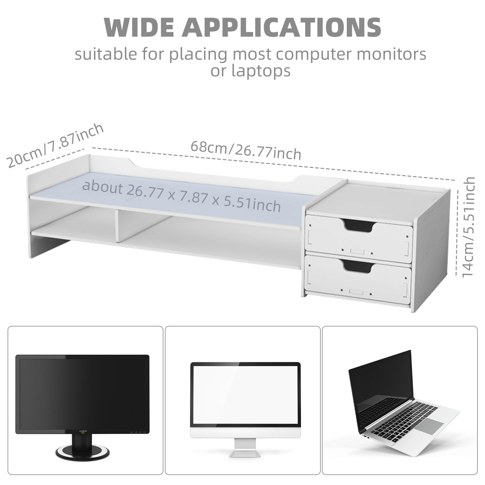 Besegad PC Computer Monitor Stand Riser Laptop Holder Wooden Desk Organizer Shelf with Double Drawer for School Office Desktop