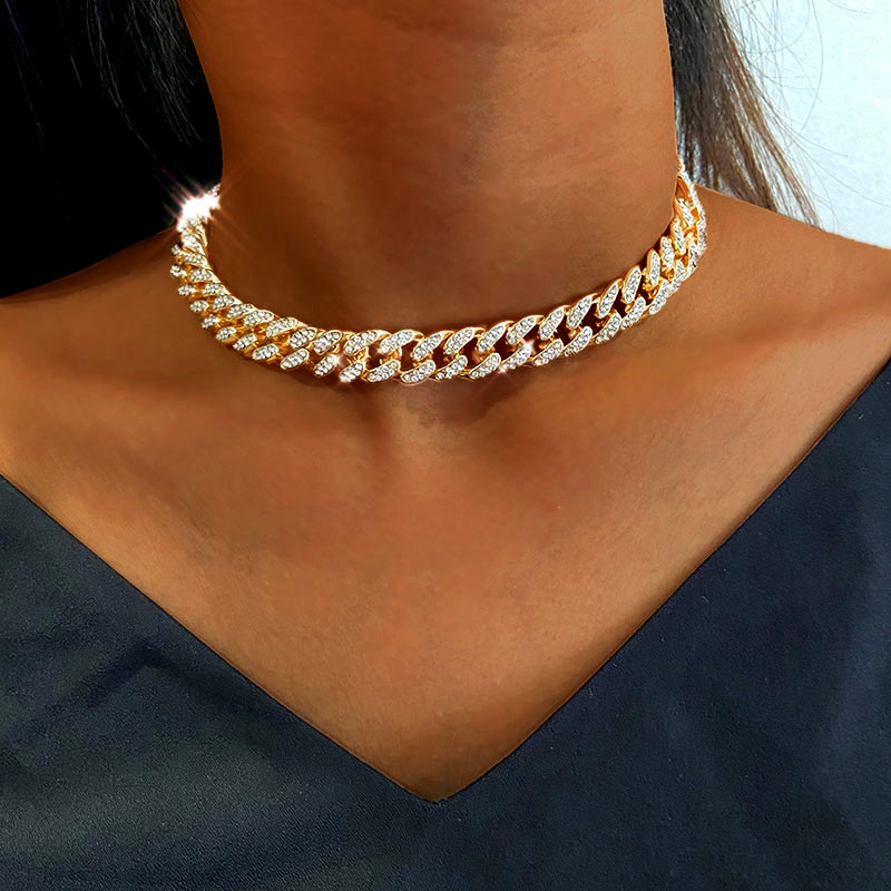 Collar Cadena Miami Cuban Link - Gargantilla 12mm - Strass Cristal Iced Out - Joyería Hip Hop Mujer