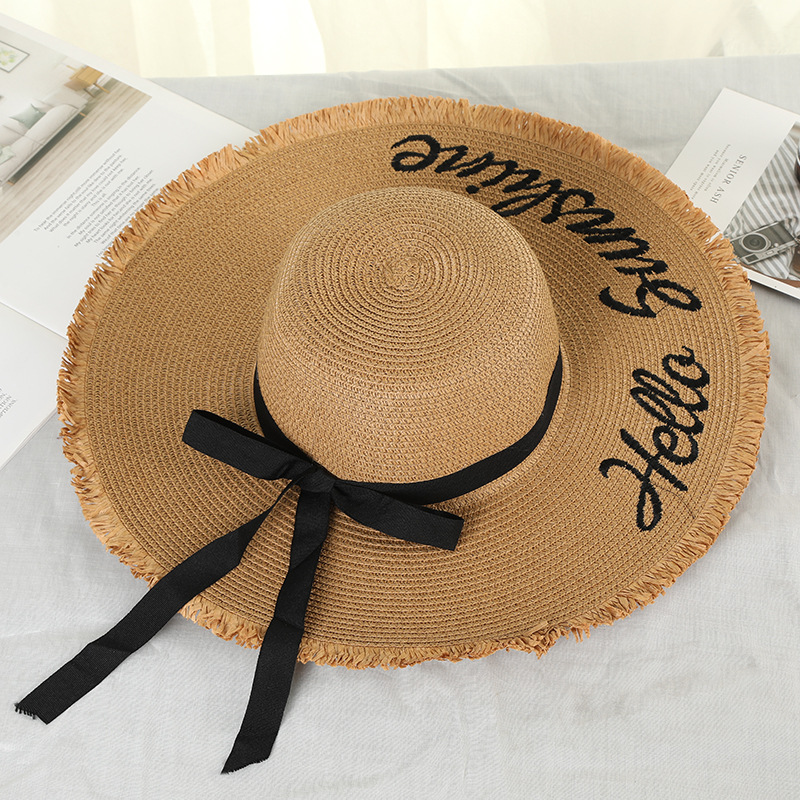 Handmade Weave Letter Sun Hats for Women Black Ribbon Lace Up Large Brim Straw Hat Outdoor Beach Hat Summer Caps: N245-Brown