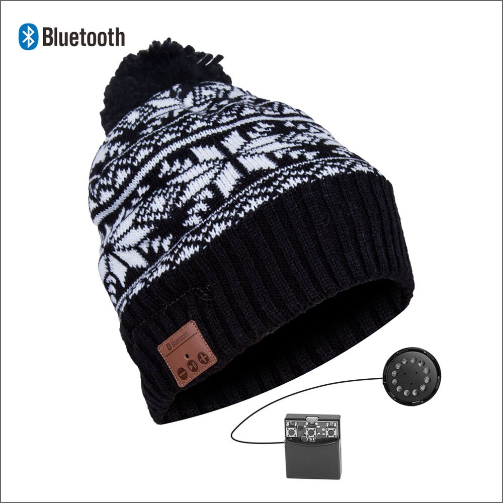 Bonnet Bluetooth stéréo sans fil mains libres | Bonnet tricoté, chapeau d'hiver, chapeau de sport, capuchon lavable, écouteurs musique Audio: 009-black white