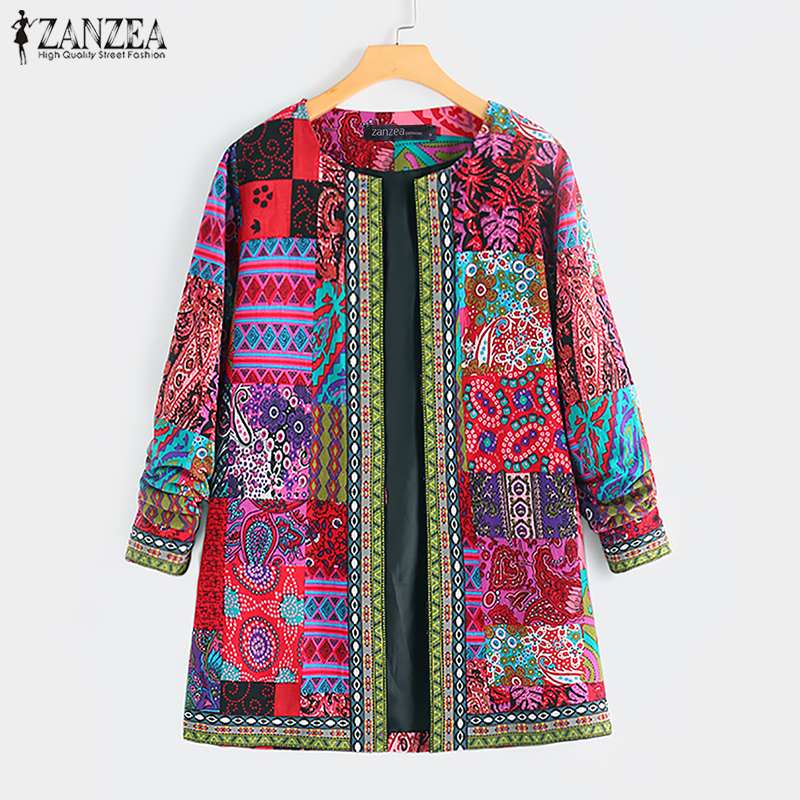 ZANZEA ethnique imprimé Cardigan mince manteaux à manches longues Blusas femmes vestes décontracté O cou ouvert Stich pardessus grande taille