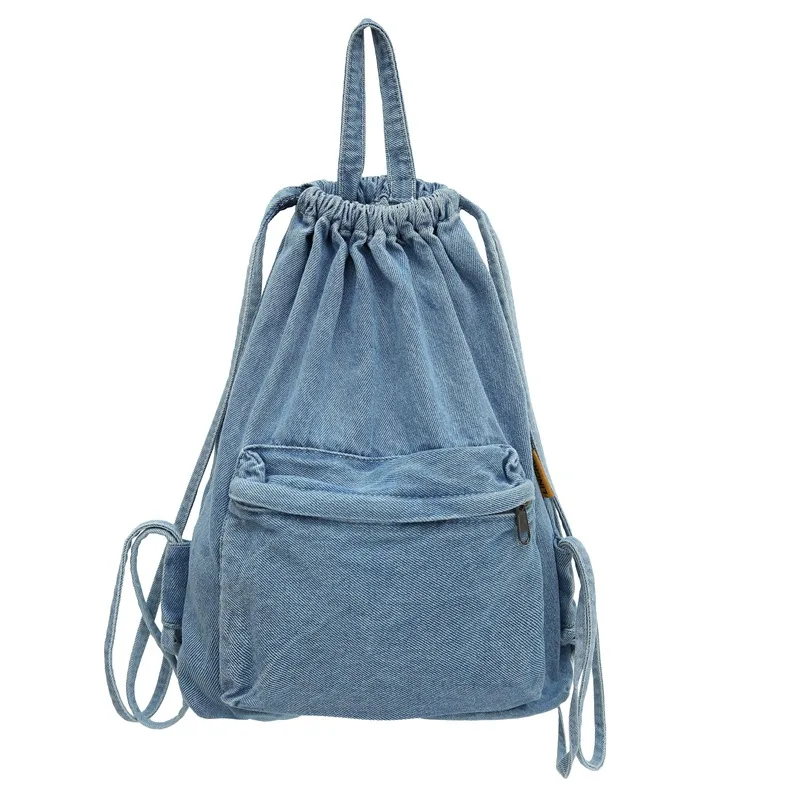 Mochila Gewassen Canvas Tas Met Trekkoord Voor Dames Retro Mode Reisrugzak Unisex Effen Kleur Denim Rugzak: Black