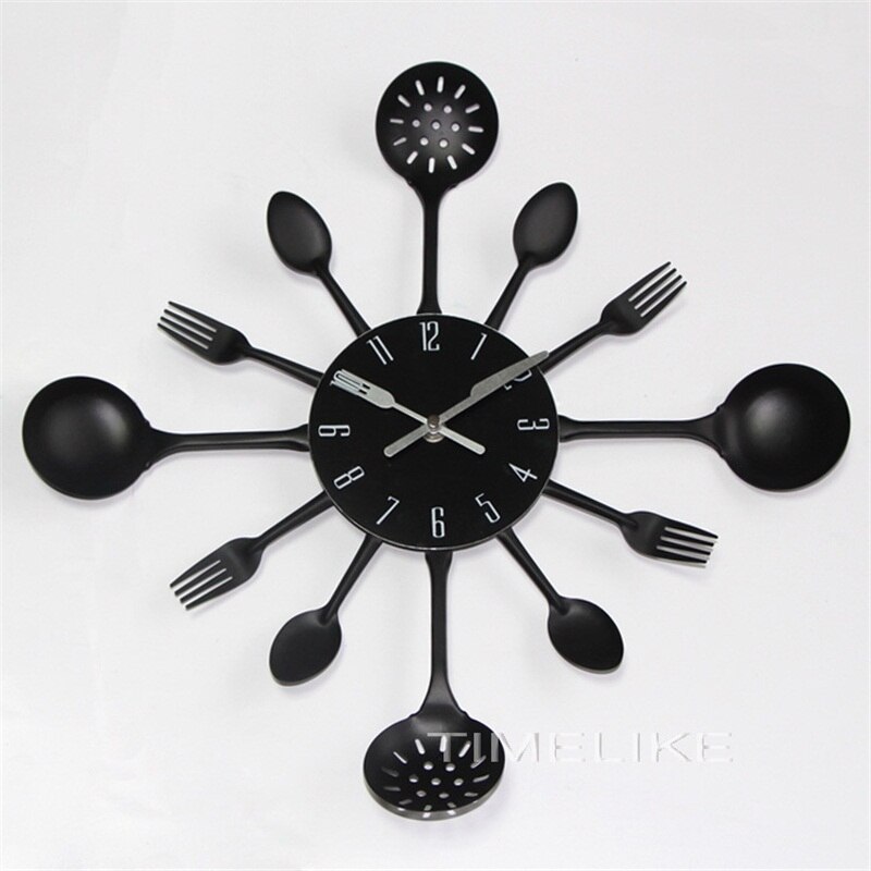 Cutlery Kitchen Clock Wall Copper Metal Spoon Fork Wall Decor Clocks Modern Art Horloge 3d Wall Clock 2022: black
