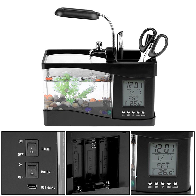 Mini acuario Beta de escritorio con luz LED, pantalla LCD y reloj, decoración de pecera con guijarros, USB
