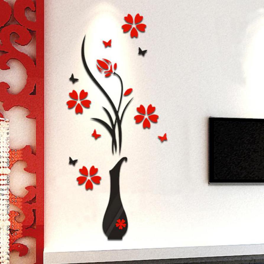 Wall Stickers DIY Vase Flower Tree Crystal Arcylic Sticker 3D Living Room Home Decor Stickers Size 80*40cm: Default Title