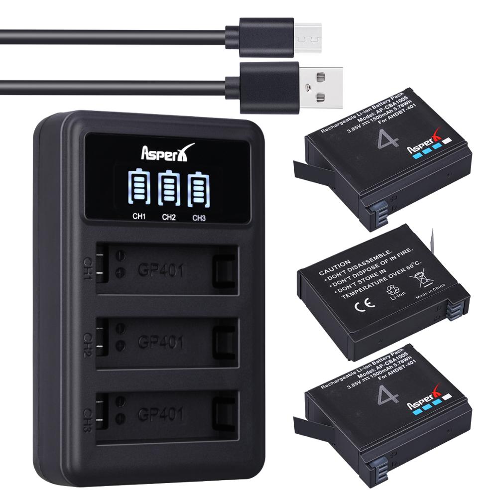 Batería de AHDBT-401 de 1500mAh para Gopro Hero 4, batería AHDBT401 AHDBT 401 + LED de 3 puertos, Cargador USB para cámara GoPro Hero4 HERO4, 4 Uds.: 3B with Charger