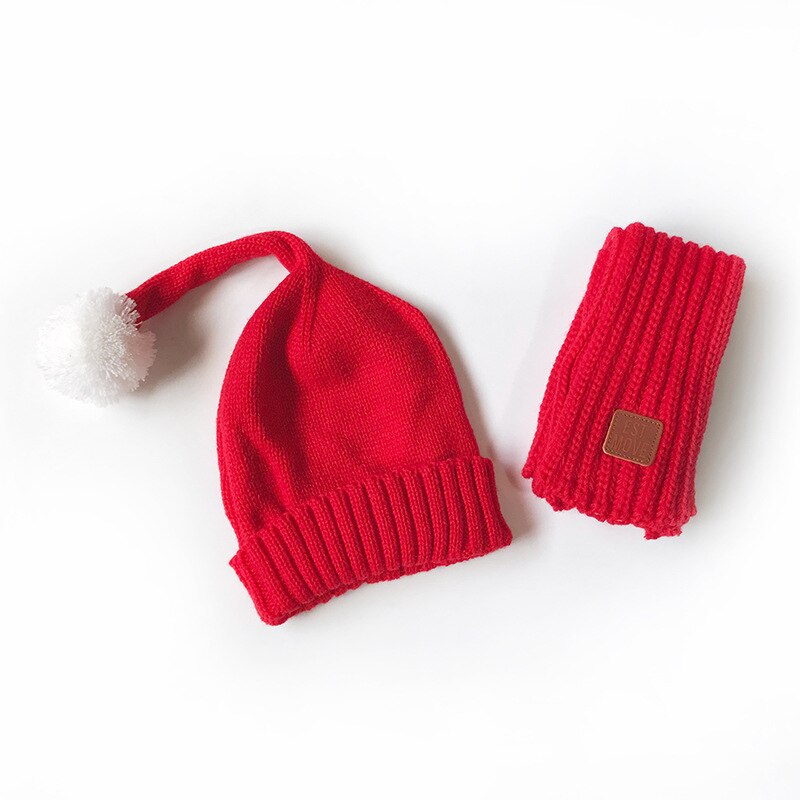 2 stk babyhatter skjerf sett strikket vinterstjerne beanie bomull varm pompon caps barn myke hatter barn jenter gutter: Rød