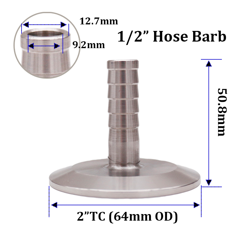 2" Tri Clamp x 1/2"(12.7mm)Hose Barb 64mm OD Sanitary 304 Stainless Steel Homebrew Beer & Craft Hardware