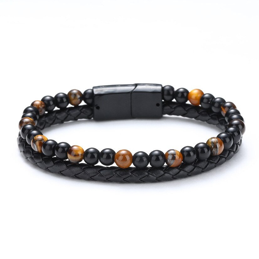 Natural Stone + Leather Men Bracelet Business Jewelry Bead Bracelet for Stainless Steel Magnetic Mature Boy Accessories: A