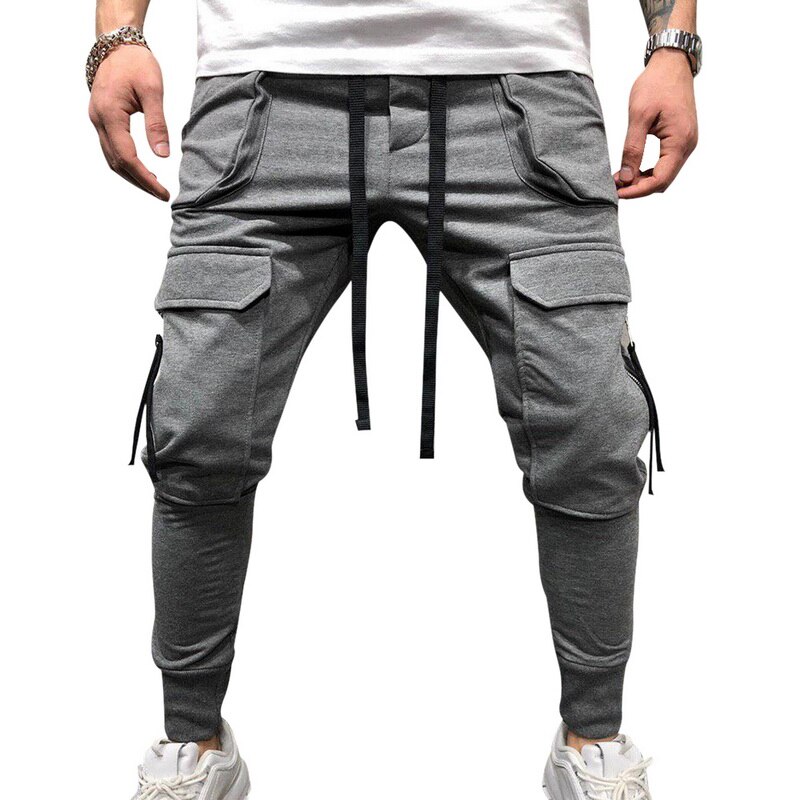 Men Pockets Casual Cargo Pants Slim Joggers Hip Hop Sweatpants Fahsion Men Drawstring Pencil Trousers Gym Pantalon Homme: M / Gray