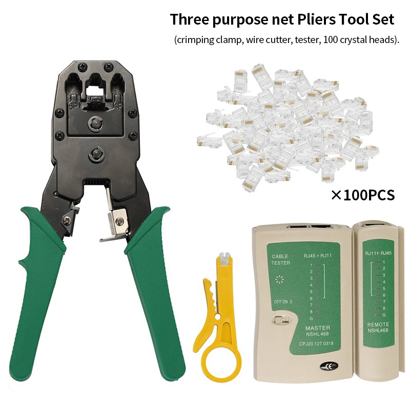 4 in 1 Ethernet Network LAN Kit Cable Connectors Crimper Tool Network Cable Tester Detector Wire Stripper+Connector Plug: G253065A