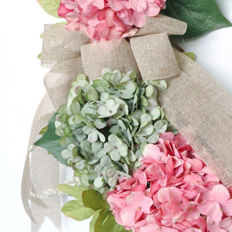 Artificial Hydrangea Ferns Leaves Wreath with Bowknot for Front Door Outdoor Spring Simulation Flower Garland Decor