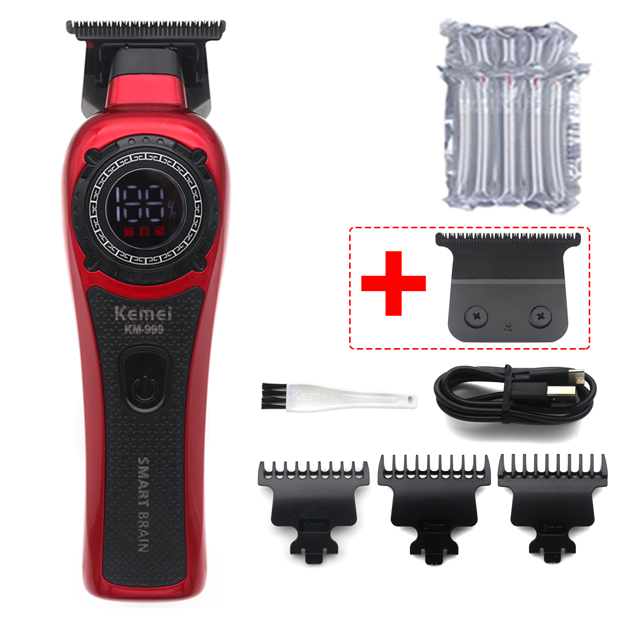 Kemei KM-999 Hair Trimmer for Men DLC T-Blade Zero Gapped LED Display Cordless USB Hair Clipper Finishing Machine: Silver