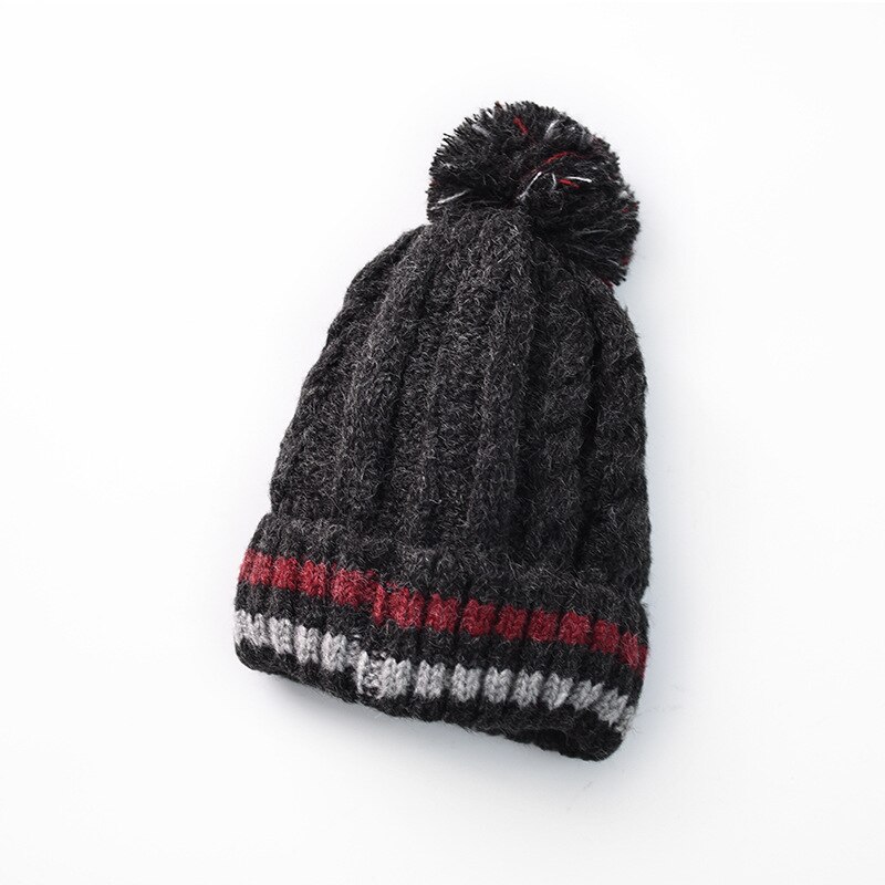Winter warm Korean Hats for women striped woolen hat thickening plus pompon ball cap outdoor hemp pattern knitted hat: Black