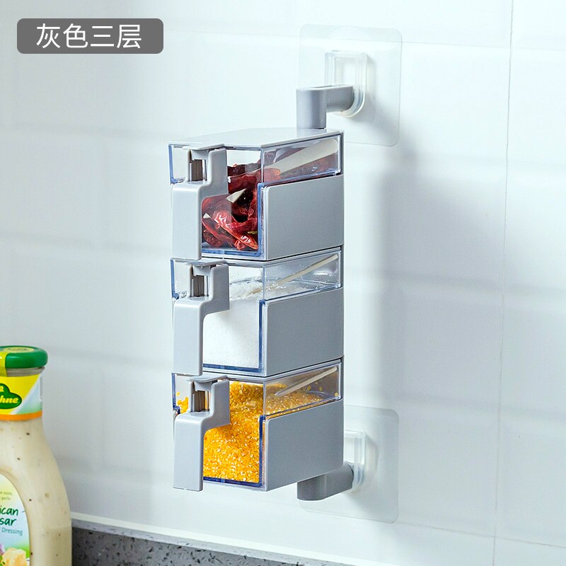 Kitchen supplies salt cans wall hanging free punch household seasoning jars bottle storage box spice box set MJ1020: Gray 3 layers