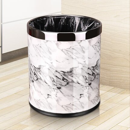 Metal Trash Can Home Office Wastebaskets , Double Layer 10L 14L Open Top Round Gabarage Can for Bathroom Kitchen Hotel Waste Bin: white marble silve r