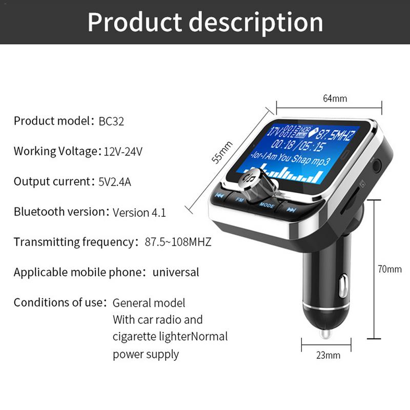 BC32 Car Bluetooth FM Transmitter MP3 with Big Screen Card Multi-function Wireless Radio Adapter Hands-free Calling