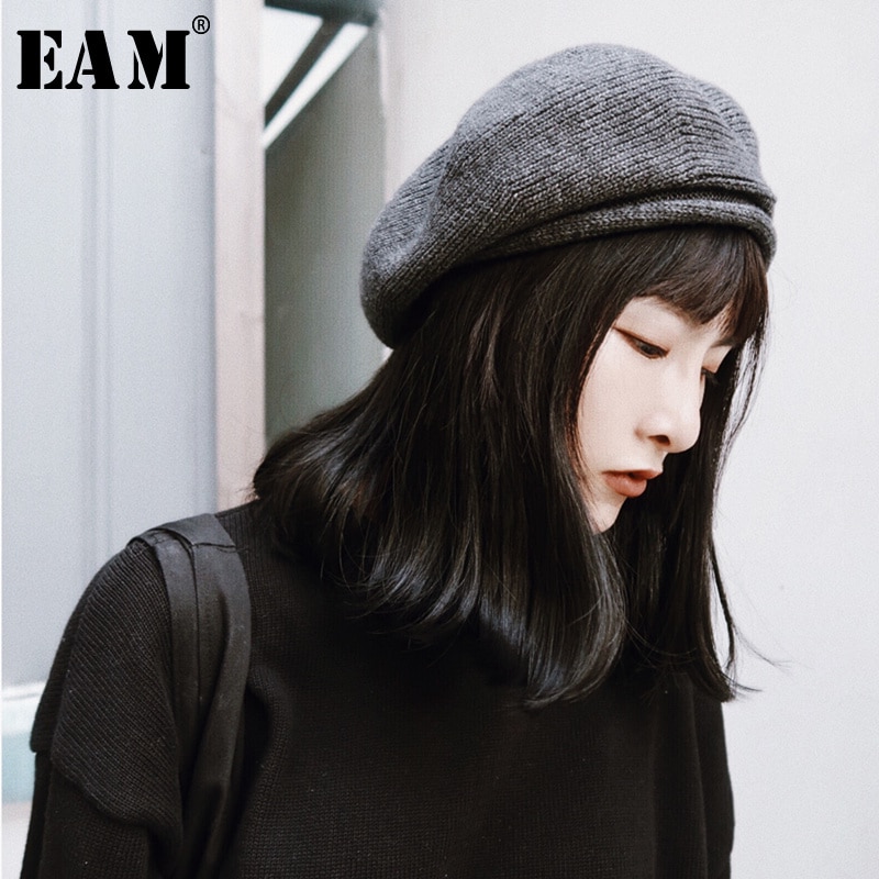 [eam] forår sommer ensfarvet rund kuppel temperament tyk varm strikhue kvinder tidevand all-match  oa713
