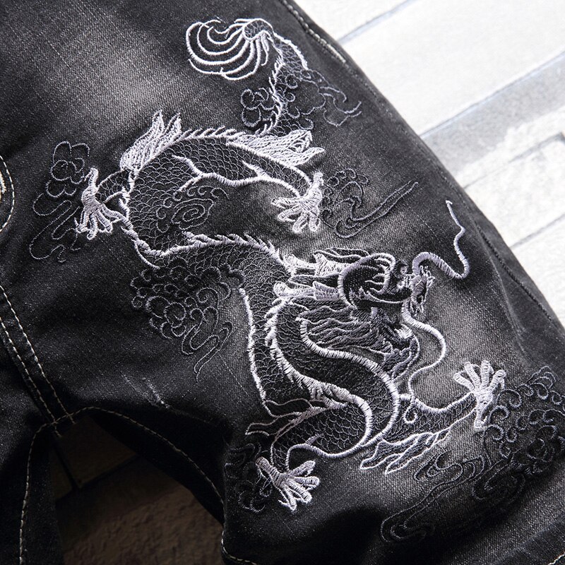 Trend Men's Summer Denim Shorts Dragon Embroidery Ripped Hole Locomotive Elasticity Black Short Jeans Male Clothing