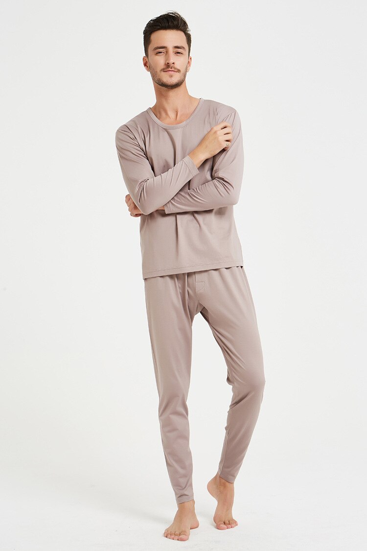 Silk Cotton Pajamas Suit Autumn Clothes Bottom shirt+Trousers Round Collar Thin Men's Underwear Comfortable Pajamas